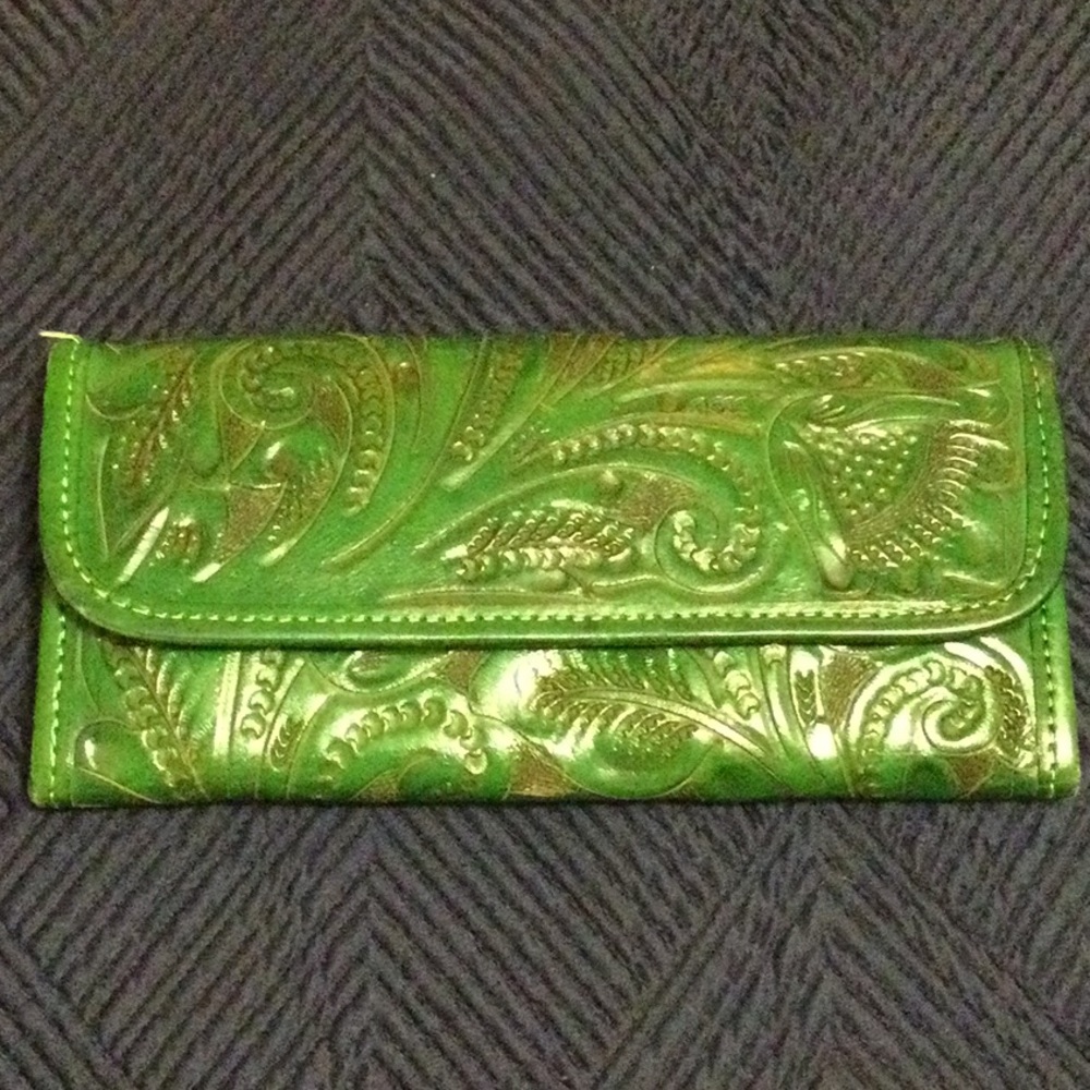 Green tooled leather large  trifold wallet with floral design for women
